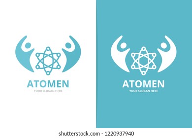 Vector atom and people logo combination. Molecule and family symbol or icon. Unique science and team logotype design template.