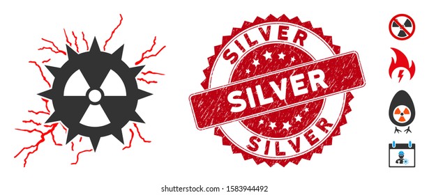 Vector atomic power sparks icon and grunge round stamp seal with Silver caption. Flat atomic power sparks icon is isolated on a white background. Silver stamp seal uses red color and distress design.