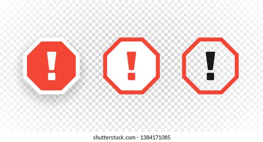 Vector attention icons set isolated on transparent background. Octagon with exclamation point. Design caution icon for banner, poster or signboard. Danger warning