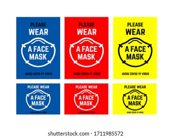 Vector Attention Sign Collection , Please Wear A Face Mask Avoid Covid-19 Virus. Warning Or Caution Sign.