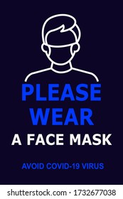 Vector attention sign, please wear a face mask avoid covid-19 virus on dark blue background. warning or caution sign.