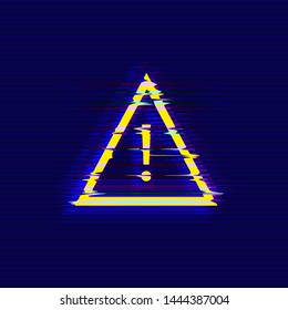 Vector Attention Triangle Icon, Glitch Effect, Bright Colorful Illustration Isolated on Dark Blue Background.