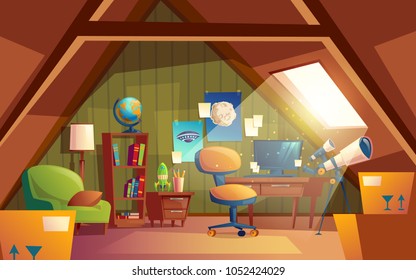 Vector attic interior, children playroom with furniture. Cozy cartoon room under roof with telescope, posters, armchair, table, bookshelf. Architecture background of garret, mansarda.