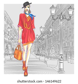 Vector Attractive fashion girl in hat with bag in sketch-style goes for St. Petersburg