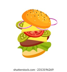 Vector attractive jumping hamburger. Burger with cheese, tomatoes, chop, lettuce, pickles. Fast food or junkfood meal. Illustration for menu design.