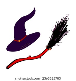 Vector attributes of a witch hat and broom. Happy Halloween day spooky Art Illustration. Elements for cards, cover, sticker. Magical, occult objects of witchcraft.