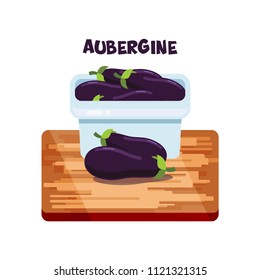 Vector aubergine icon in cartoon style. Collection farm product for restaurant menu, market label. Flat design.