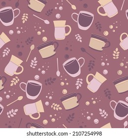 Vector aubergine old pink tea party seasmless pattern. Perfect for fabric, kitchen, scrapbooking, wallpaper projects.