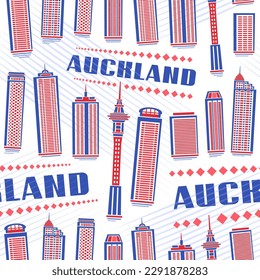 Vector Auckland Seamless Pattern, repeat background with illustration of famous modern auckland city scape on white background for wrapping paper, decorative line art urban poster with text auckland
