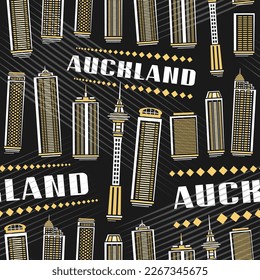 Vector Auckland Seamless Pattern, repeating background with illustration of famous auckland city scape on dark background for wrapping paper, decorative line art urban poster with white text auckland