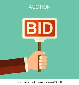 Vector auction and bidding concept. Hand holding auction paddle. Flat vector illustration with hand and banner BID.