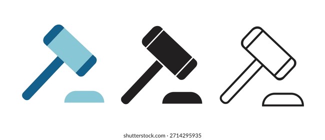 Icono de mazo de subasta de Vector en color plano, negro sólido y estilo de contorno. Símbolo de la ley, la justicia, la decisión judicial, el Acuerdo empresarial, el servicio jurídico y el concepto corporativo profesional.