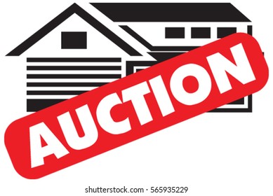 Vector Auction icon with a red banner in front of house illustration isolated on white background.