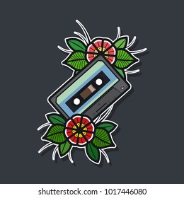 Vector Audio Cassette with Flowers Traditional Tattoo Design