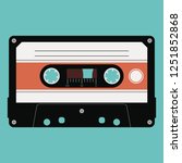 Vector audio cassette with plastic tape in a opaque case isolated on green background.