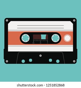 Vector audio cassette with plastic tape in a opaque case isolated on green background.