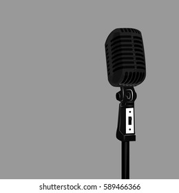 Vector audio microphone. Vintage metal studio music mic isolated on grey background. Sound illustration. Radio broadcast icon
