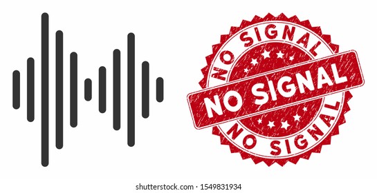 Vector audio signal icon and rubber round stamp seal with No Signal phrase. Flat audio signal icon is isolated on a white background. No Signal stamp seal uses red color and grunged texture.