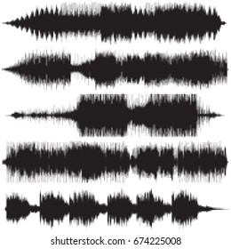Vector audio signal shapes set. Square dots halftone image.