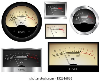 Vector audio VU meters. Different colors and styles. 