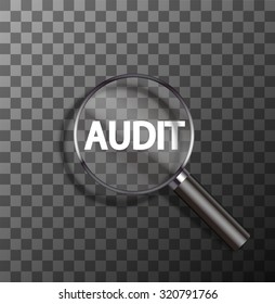 vector audit word in magnifying glass on sample background