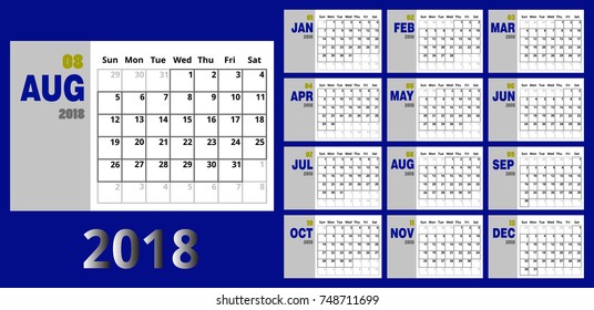 Vector August 2018 new year calendar blue and yellow color,Holiday event planner,Week Starts Sunday