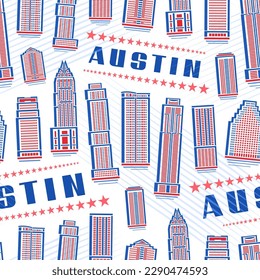 Vector Austin Seamless Pattern, repeating background with illustration of red famous austin city scape on white background for wrapping paper, decorative line art urban poster with blue text austin