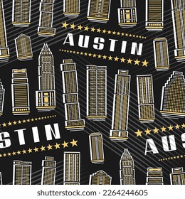 Vector Austin Seamless Pattern, square repeating background with illustration of famous austin city scape on dark background for wrapping paper, decorative line art urban poster with white text austin
