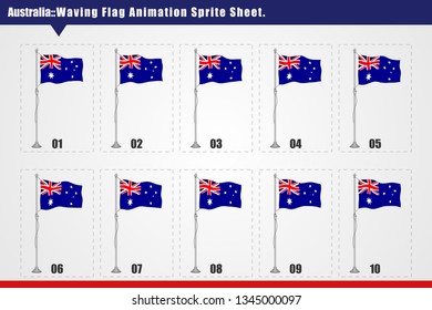 Vector Australia country waving flag animation. Sequence frames sprite sheet illustration. Smooth waving animation sprites on white background, Australia Flag vector animation frames