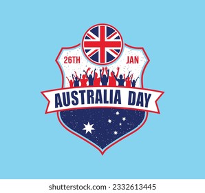 Vektor Australia Day. Menschen feiern und Flaggen auf dem Schild auf blauem Hintergrund.