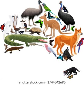 Vector Australia fauna map, flat elements. Animals, birds, reptiles, insects and reptile big set. Geography infographic illustration