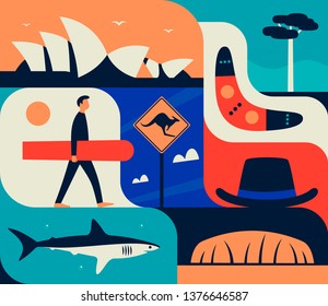 Vector Australia illustration, flat icon set, color background. Boomerang, tree, road sign, hat, surfing, shark, Uluru.