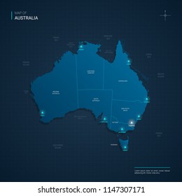 Vector Australia Map Illustration With Blue Neon Lightpoints - Triangle On Dark Blue Gradient Background. Administrative Divisions, Cities, Borders, Capital. Neon Tech Background With Glow. 