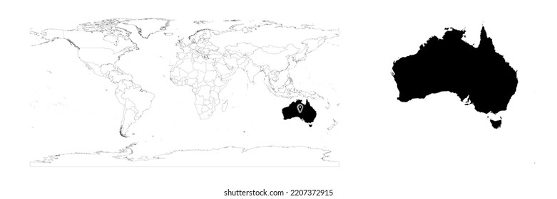 Vector Australia Map Showing Country Location On World Map And Solid Map For Australia On White Background. File Is Suitable For Digital Editing And Prints Of All Sizes.