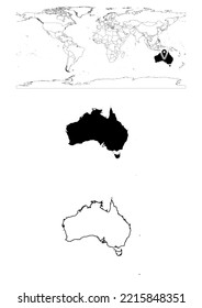 Vector Australia Map, Map Of Australia Showing Country Location On World With Solid And Outline Maps For Australia On White Background. File Is Suitable For Digital Editing And Prints Of All Sizes.