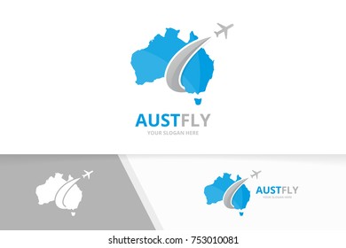 Vector of australia and plane logo combination. Oceania and travel symbol or icon. Unique continent and flight logotype design template.