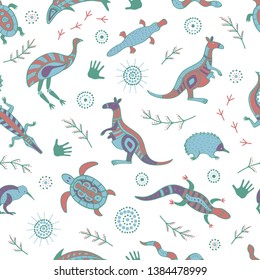 Vector Australian animal pattern on white background in aboriginal art style.