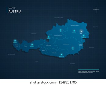 Vector Austria map illustration with blue neon lightpoints - triangle on dark blue gradient background. Administrative divisions, cities, borders, capital. Neon tech background with glow. 