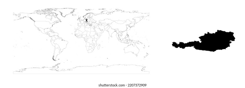 Vector Austria Karte mit der Lage auf der Weltkarte und der festen Karte für Österreich auf weißem Hintergrund. Die Datei eignet sich für die digitale Bearbeitung und Drucke aller Größen.