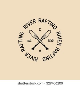 Vector authentic camp logo. Tourism sign with hand drawn paddles illustration. Retro hipster emblem, badge, label of outdoor adventures.