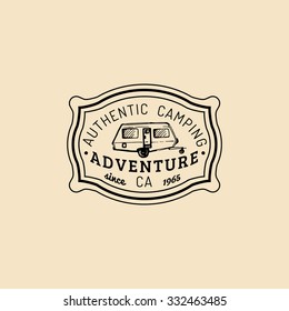 Vector authentic camp logo. Tourism sign with hand drawn trailer. Retro hipster emblem, badge, label of outdoor adventures.