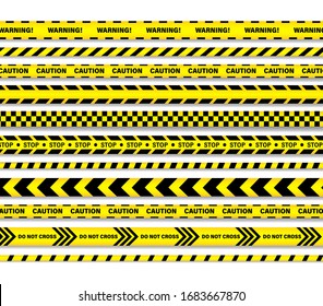 Líneas de subasta vectorial de cintas sin fisuras. Tiras rayadas negras y amarillas.  Policía, Advertencia, En construcción, No cruzar, No parar, Peligro.