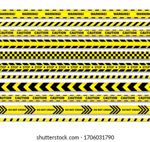 Vector aution lines set of seamless ribbons. Black and yellow striped strips.  Police, Warning, Under construction, Do not cross, Do not stop, Danger.