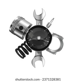 Vector auto parts isolated on white background. Setting up a car repair shop.