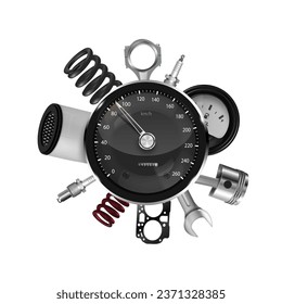 Vector auto parts isolated on white background. Setting up a car repair shop.