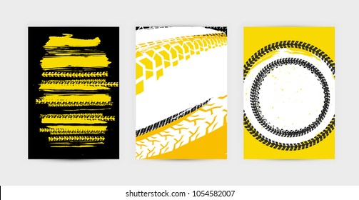 Vector auto posters template. Grunge tire tracks backgrounds for portrait  poster, digital banner, flyer, booklet, brochure and web design. Editable graphic image in black, yellow, red, white colors