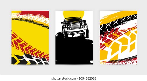 Vector auto posters template. Grunge tire tracks backgrounds for vertical poster, digital banner, flyer, booklet, brochure and web design. Editable graphic image in black, yellow, red, white colors