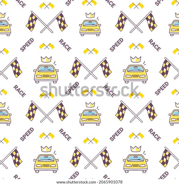Vector auto sport illustration of\
winner car and race flag on white background. Line art style design\
of car seamless pattern for web, site, banner,\
print
