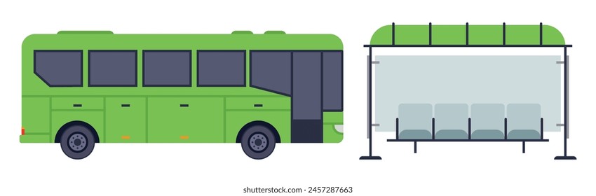 Vector autobus verde interurbano madrid transporte público con parada de autobús aparcamiento marquesina