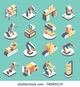 Vector automated production line flat isometric icon set. Manufacturing equipment with conveyor system, industrial robotic arm for assembly and packaging.